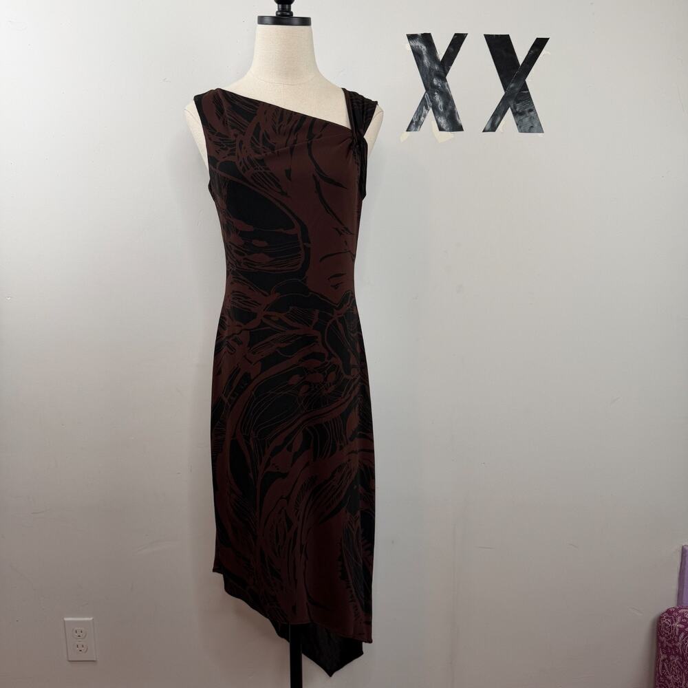 David Meister Y2K Brown Black Abstract Print Slinky Asymmetric Midi Dress 4